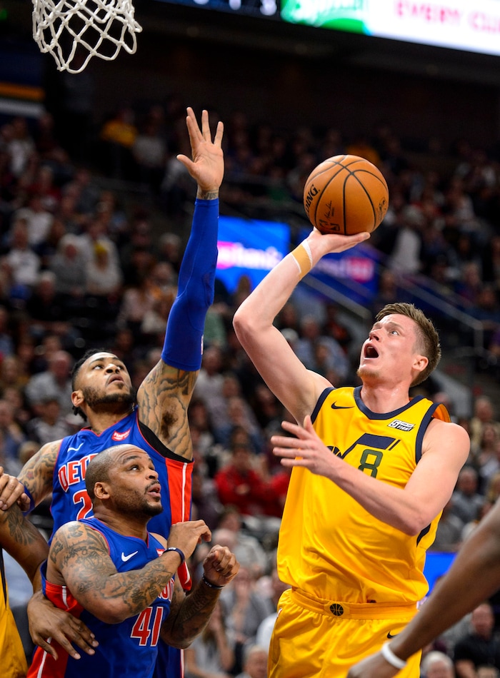 (Steve Griffin  |  The Salt Lake Tribune)  Utah Jazz forward Jonas Jerebko (8) gets into the lane for two during the Utah Jazz versus Detroit Pistons at Vivint Smart Home Arena in Salt Lake City Tuesday March 13, 2018.