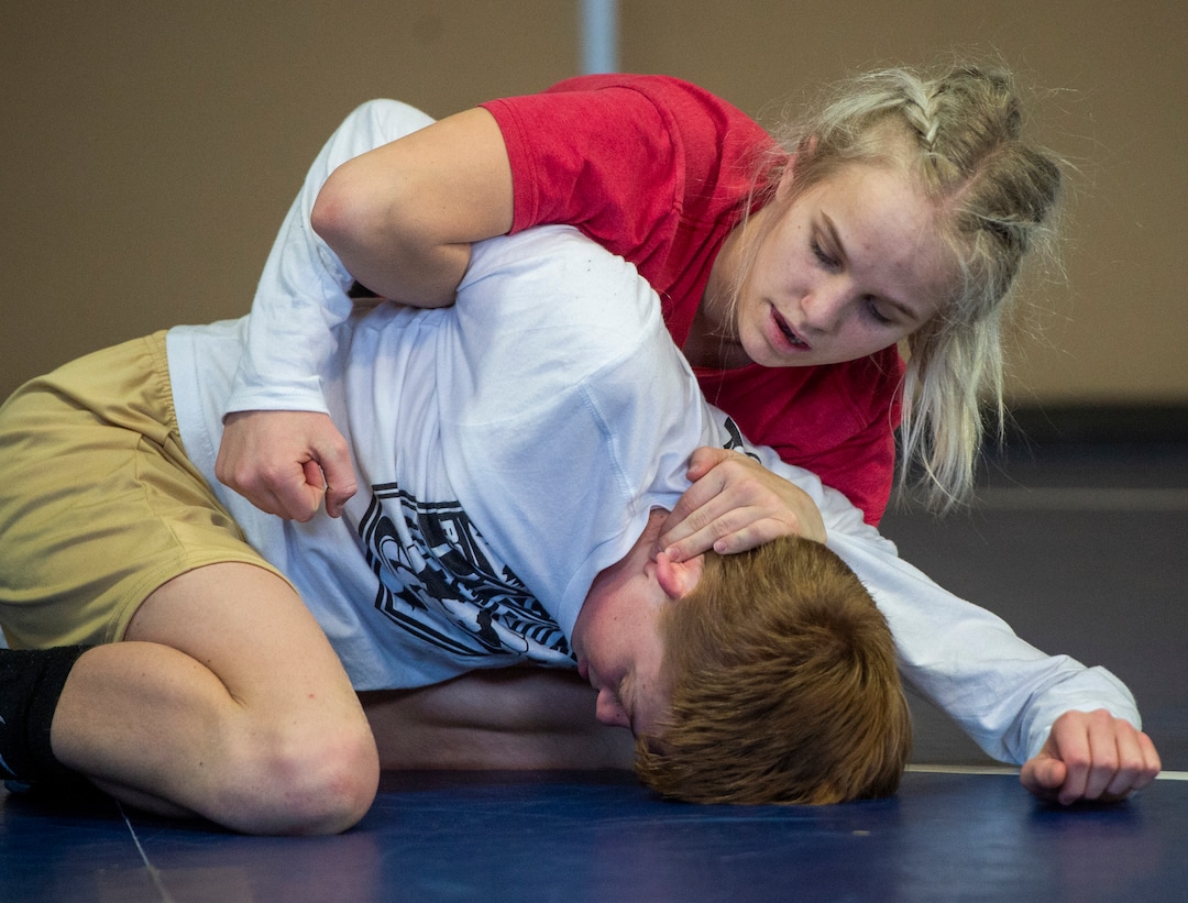 (Rick Egan | The Salt Lake Tribune)   Sage Mortimer wrestles Andrew Fox, during practice, at American Leadership Academy, Thursday, Feb. 4, 2021.