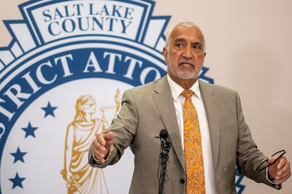 (Rick Egan | The Salt Lake Tribune) Salt Lake County District Attorney Sim Gill on Friday, June 20, 2025. The Salt Lake City Police Department turned over its investigation of the fatal "No Kings" shooting to the district attorney's office on July 2. 

