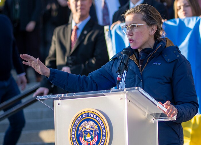(Rick Egan | The Salt Lake Tribune) Salt Lake City Mayor Erin Mendenhall, speaks during a rally, at the Capitol in support of Ukraine, on Monday, Feb. 28, 2022.