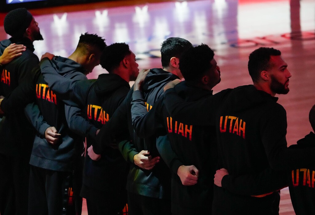 (Francisco Kjolseth | The Salt Lake Tribune) The Utah Jazz come together at the start of their game against the Portland Trail Blazers, at Vivint Smart Home Arena, on Wednesday, May 12, 2021.