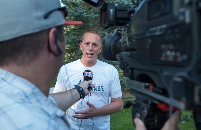 (Rick Egan  |  The Salt Lake Tribune)   Tanner Ainge, candidate for congress, in Utah’s third district, talks to the media, at a fundraiser in Provo, Monday, August 7, 2017.