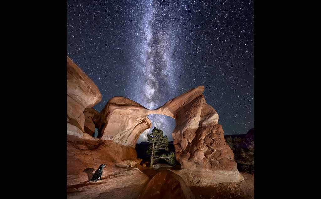 (Photo illustration courtesy of Christine Kenyon) The Metate Arch, in Grand Staircase-Escalante National Monument, shown in alignment with the Milky Way and adventure photographer Christine Kenyon's dog, Tuffy, in the foreground. This image was created by blending more than one photo taken from the same spot at separate but proximate times.