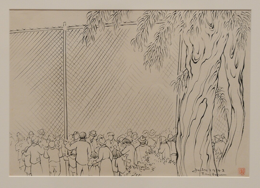 (Francisco Kjolseth  |  The Salt Lake Tribune)   The Utah Museum of Fine Art hosts "Chiura Obata: An American Modern," major touring retrospective of Japanese-American artist (1885-1975), whose work captured Western landscapes and his time at the Topaz War Relocation Center (internment camp) during World War II. Exhibit opens Friday, May 25. Pictured is Talking Through the Wired Fence, July 1942, Ink on paper. 