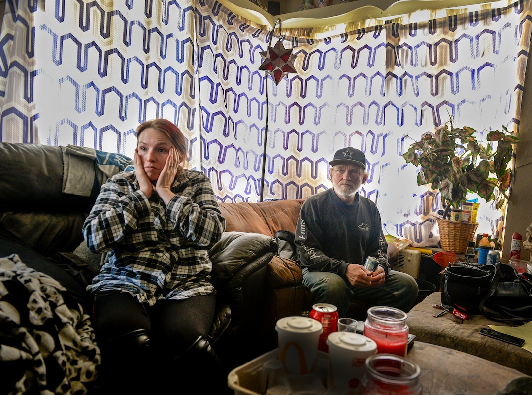 (Leah Hogsten  |  The Salt Lake Tribune)  “I can’t be approved for my next apartment by the time I need to be out,” said Robert Gardner, right. On Monday, Gardner and his wife and three children — along with tenants in up to 42 other units at Georgia Apartments in Salt Lake City — were given three days to move out. City officials issued a “red tag” order to the building’s landlord after multiple requests to bring the building up to code went unheeded.