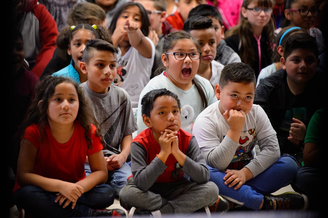 (Trent Nelson  |  The Salt Lake Tribune)  Hillsdale Elementary students watch dancers from Ballet Folklorico during an assembly on Tuesday April 30, 2019. The West Valley School celebrated Children's Day, a national observance in Mexico.