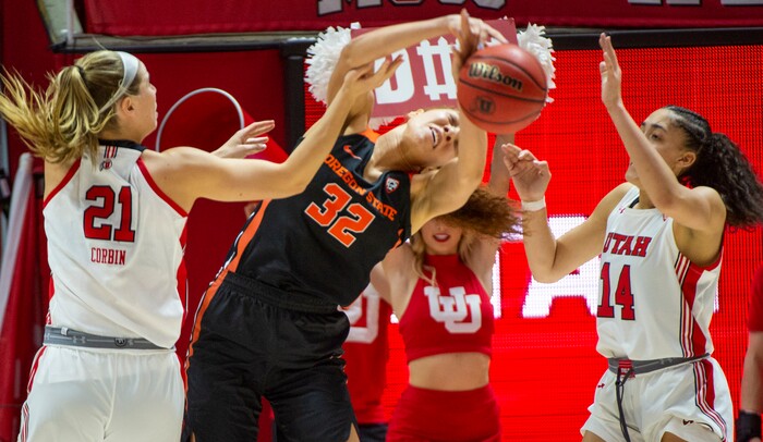 (Rick Egan  |  The Salt Lake Tribune)     Utah Utes forward Maurane Corbin (21) and Utah Utes guard Niyah Becker (14) put pressure on Oregon State Beavers forward Patricia Morris (32), in PAC-12 basketball action between the Utah Utes and the Oregon State Beavers at the Jon M. Huntsman Center, Saturday, Feb. 1, 2020.