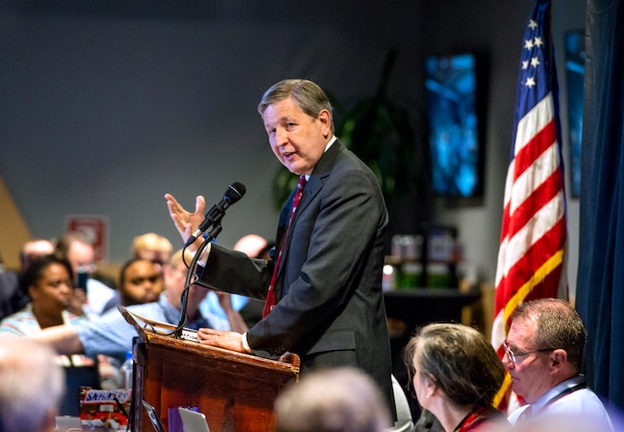 (Leah Hogsten | The Salt Lake Tribune) Attorney Gene Schaerr delivers his latest report to the state central committee on the status of the appeal of SB54 that upheld the state election law allowing candidates to qualify for the primary ballot by collecting signatures. The Utah Republican Party Central Committee meets Saturday, May 19, 2018, to elect a new party vice chairman and debate several potential bylaw changes.