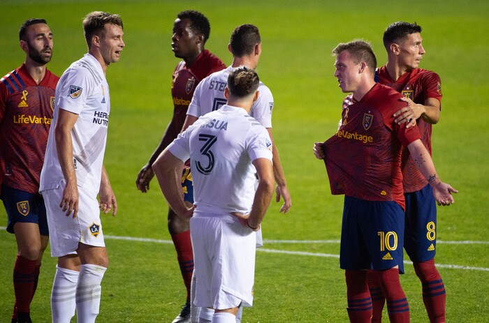 (Francisco Kjolseth  |  The Salt Lake Tribune) Real Salt Lake forward Corey Baird (10) argues over getting his shirt pulled as Real Salt Lake hosts L.A. Galaxy at Rio Tinto Stadium in Sandy on Wednesday, Sept. 23, 2020.