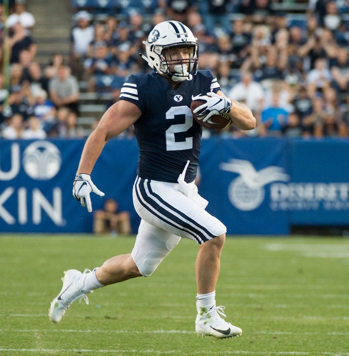 (Rick Egan  |  The Salt Lake Tribune)    Brigham Young running back Matt Hadley (2) runs the ball for the Cougars, in football action Brigham Young Cougars vs McNeese State Cowboys at Lavell Edwards Stadium, Saturday, Sept. 22, 2018.


