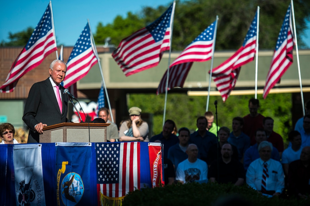 (Chris Detrick  |  The Salt Lake Tribune) Utah Sen. Orrin Hatch speaks during a Memorial Day celebration at Hogan Park in Woods Cross on Monday May 26, 2014.