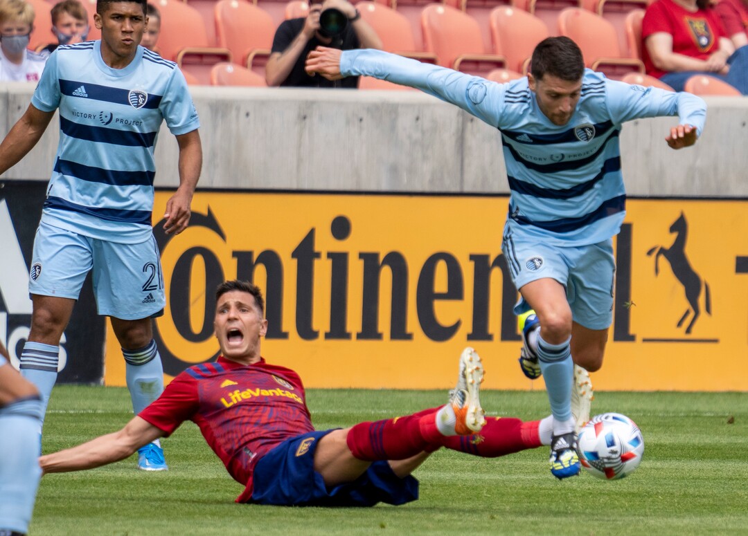 (Rick Egan | The Salt Lake Tribune) Real Salt Lake midfielder Damir Kreilach (8) reacts after colliding with Sporting Kansas City midfielder Ilie Sanchez (6), in MLS action between Real Salt Lake and Sporting Kansas City at Rio Tinto Stadium, on Saturday, May 1, 2021.
