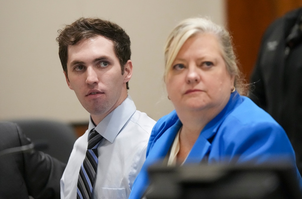 (Bethany Baker | The Salt Lake Tribune) Tyler Robinson, left, accused in the fatal shooting of Charlie Kirk, sits beside defense attorney Kathryn Nester during a January hearing.