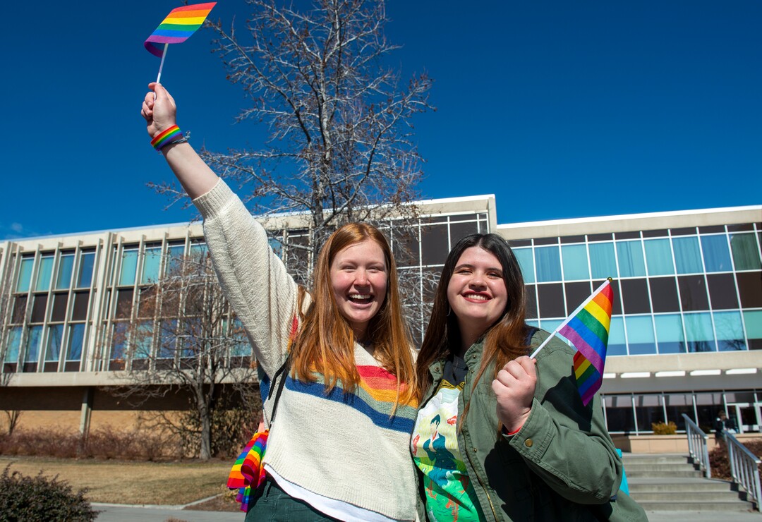 (Rick Egan  |  The Salt Lake Tribune)   Erin Berglund and Natalie NeuenswanderPose for a Rainbow Day photo, on the BYU Campus, Wednesday, Feb. 26, 2020.