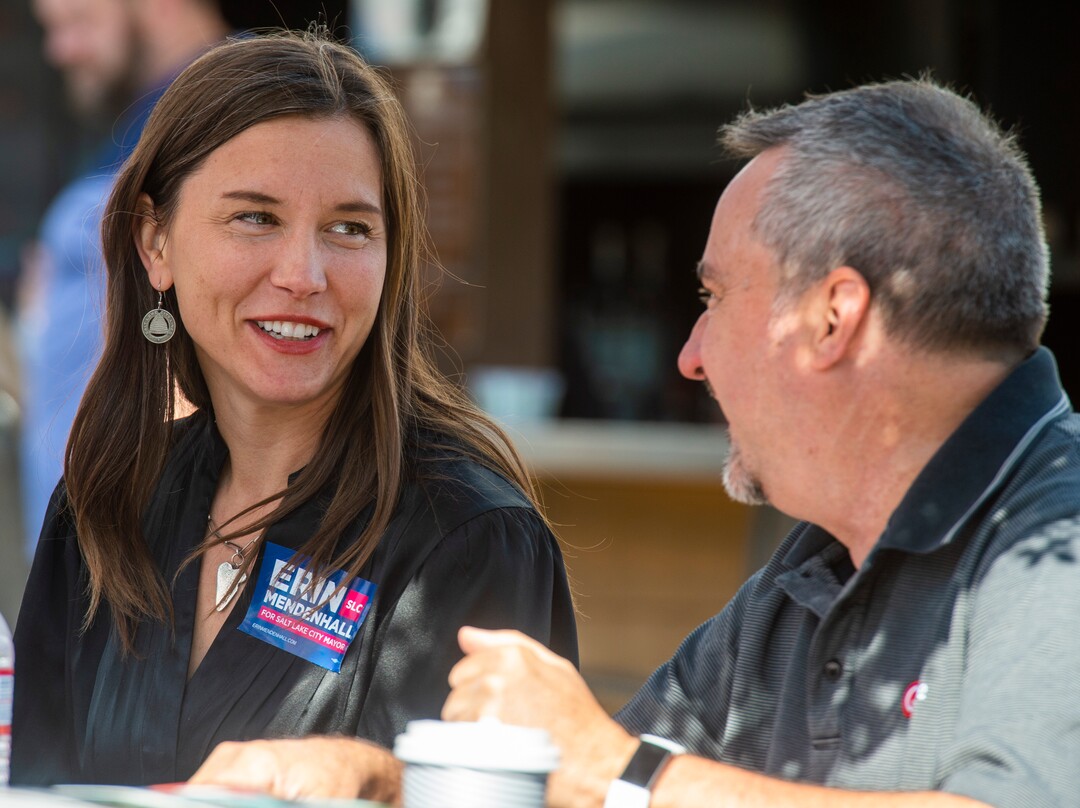 (Rick Egan  |  The Salt Lake Tribune)      Salt Lake City Mayor candidate  Erin Mendenhall talks to Michael Aaron, as she judges jam competition at the Marmalade Jam Fest, Saturday, Sept. 21, 2019.