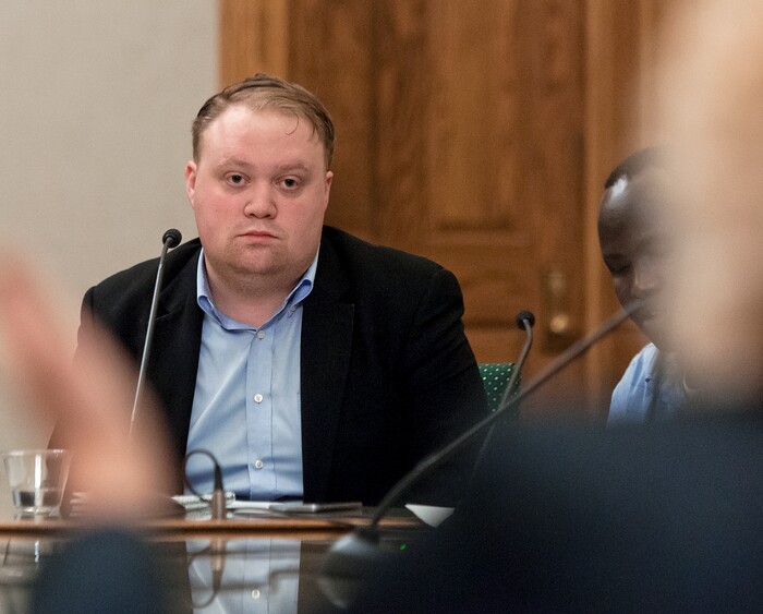 (Michael Mangum  |  Special to the Tribune)  Salt Lake Mayor Jackie Biskupski speaks during a meeting of the Salt Lake City Human Rights Commission as commission chair Michael Iverson, pictured, listens at City Hall in Salt Lake City on Thursday, November 30, 2017.