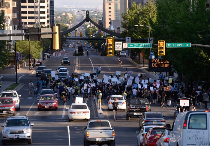 (Francisco Kjolseth  |  The Salt Lake Tribune) As part of national day of protest against police crimes, the National Alliance Against Racist and Political Repression, the Salt Lake Civilian Police Accountability Council and other groups gather at the Utah Capitol on Saturday, July 18, 2020, before marching to the Governor’s mansion to demand for a special session to repeal HB 415, which prohibits municipalities from establishing a board or committee with regulatory power over police departments.