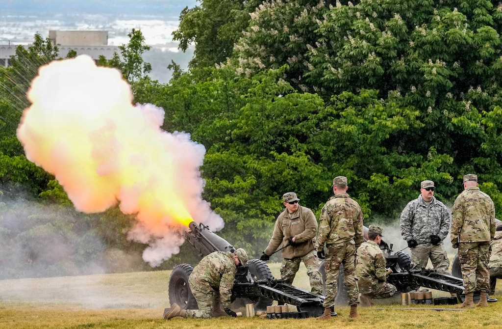 (Francisco Kjolseth | The Salt Lake Tribune) The Utah National Guard Salute Battery fire a 21 gun salute on the lawn of the Utah Capitol during a Memorial Day ceremony on Monday, May 30, 2022. 
