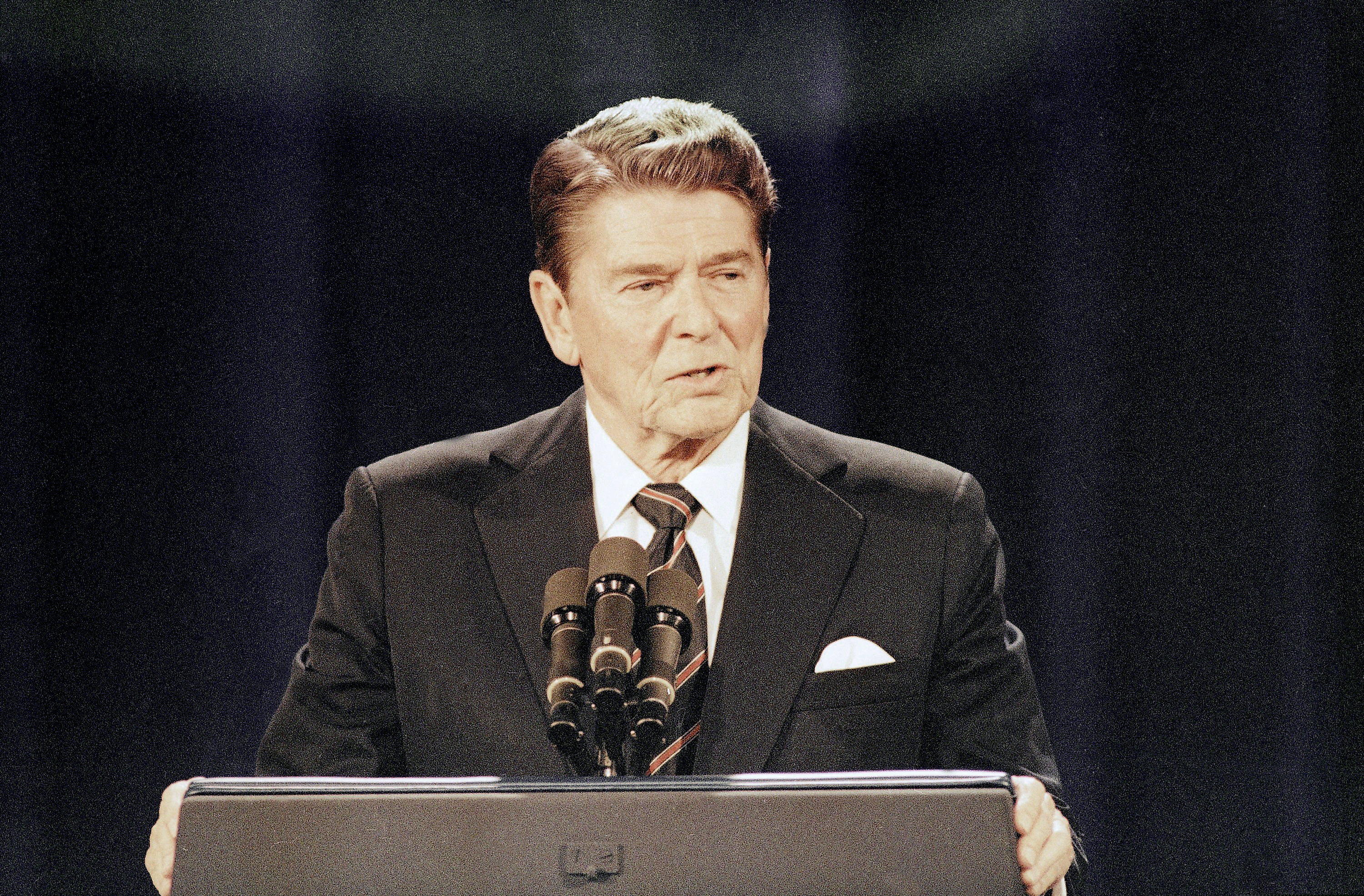 (Chuck Robinson | AP file photo) In this Oct. 7, 1984 file photo President Ronald Reagan debates Democratic presidential candidate former Vice President Walter Mondale in Louisville, Ky. Reagan, then seeking to become the oldest president to win reelection, used humor to address questions about his advanced age at a 1984 debate against Democrat Walter Mondale.