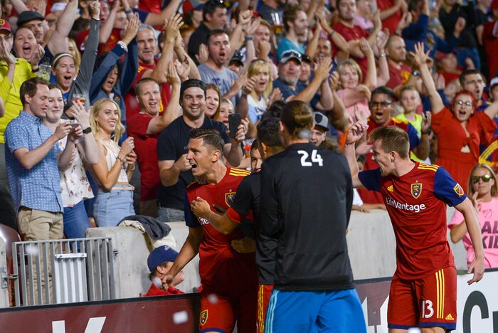 Leah Hogsten | The Salt Lake Tribune Real Salt Lake midfielder Damir Kreilach (6) celebrates his second half goal with fans as Real Salt Lake hosts the San Jose Earthquakes at Rio Tinto Stadium in Sandy, Utah, Saturday, June 23, 2018.