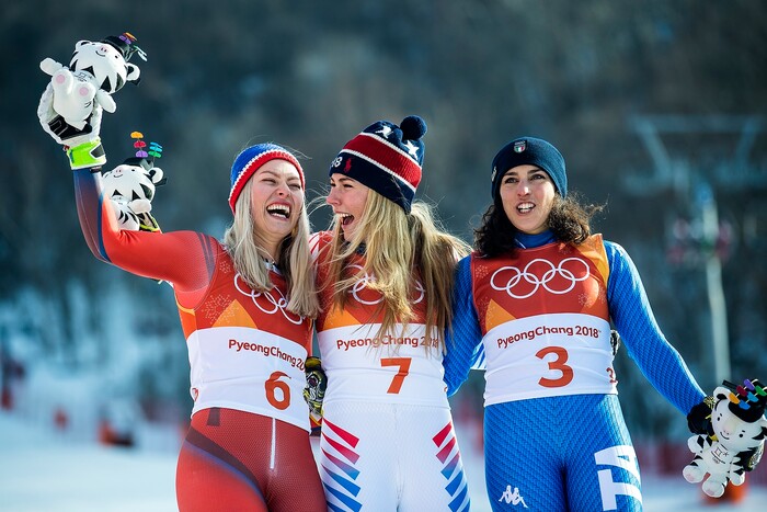 (Chris Detrick  |  The Salt Lake Tribune)  Italy's Federica Brignone, right, Norway's Ragnhild Mowinckel, left, and USA's Mikaela Shiffrin celebrate after Ladies' Giant Slalom at Yongpyong Alpine Centre during the Pyeongchang 2018 Winter Olympics Thursday, Feb. 15, 2018.  Shiffrin won the event with a time of 2:20.02. Mowinckel won silver and Brignone won bronze. 