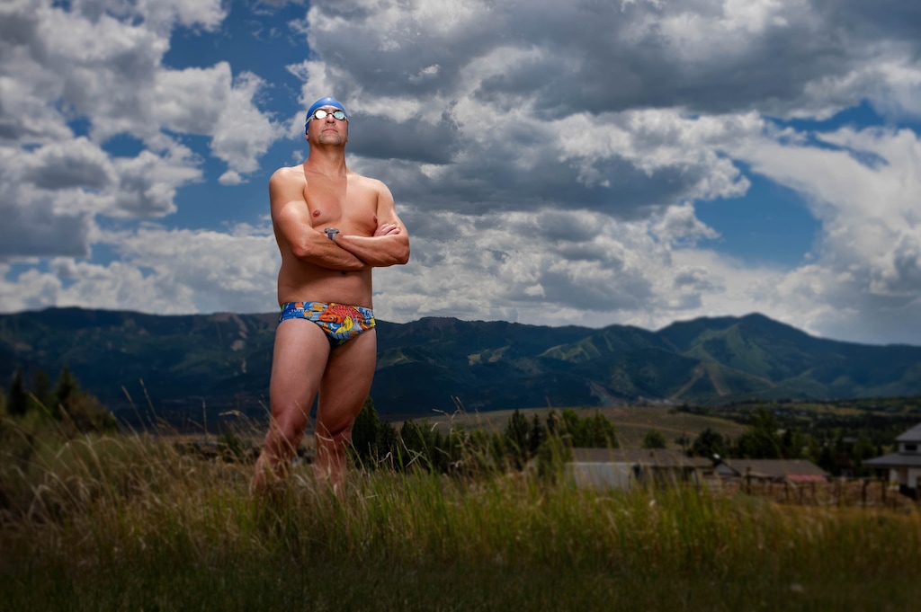 (Francisco Kjolseth | The Salt Lake Tribune) Rob Lea of Park City poses for a portrait on Tuesday, July 7, 2026. Lea became the first person in the world to complete the "Double Seven" challenge, which involves summiting the highest peaks on each continent and swimming the seven most iconic open water channels. On June 30, over a decade and a half after starting his goal, Lea finished his record by crossing the Tsugaru Strait in Japan, only allowed a Speedo, goggles and swim cap to qualify. To survive the 12-hour swim in 60 degree water, Lea gained 20 lbs on purpose for insulation.