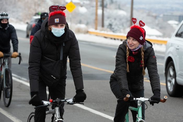 (Francisco Kjolseth  | The Salt Lake Tribune) People participate in a memorial bike ride along the East bench in Salt Lake City on Sunday, Feb. 14, 2021, in honor of the four who died in an avalanche on Saturday, Feb. 6.