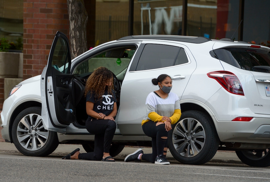 (Leah Hogsten  |  The Salt Lake Tribune) Demonstrators marched from the Utah Capitol down State Street, stopping at every intersection for five minutes in honor of George Floyd, June 8, 2020.