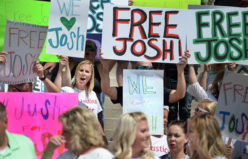 (Scott Sommerdorf   |  The Salt Lake Tribune) In this 2016 file photo, a crowd of friends and family shout "Bring Home Josh!" at the end of a rally on the east steps of the Utah Capitol for Josh Holt.
