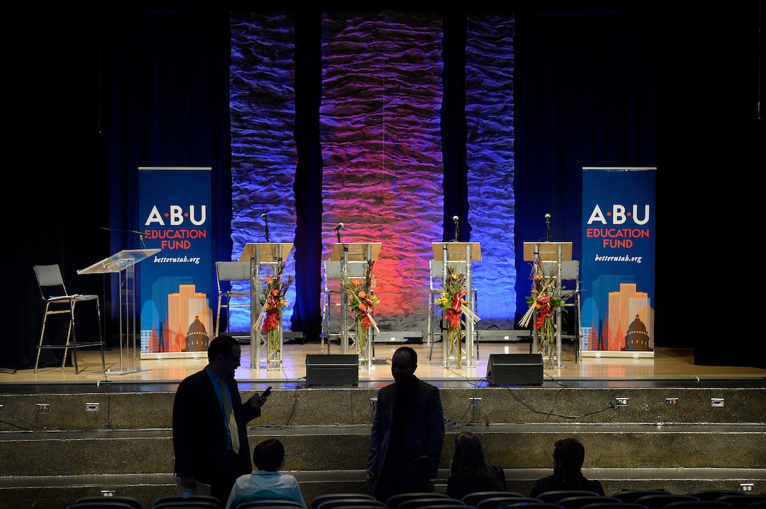 (Scott Sommerdorf   |  The Salt Lake Tribune)   The 3rd District Debate between John Curtis, Kathie Allen, Jim Bennett and Joe Buchman will take place on this stage at Eastmont Middle School, Friday, October 13, 2017. 