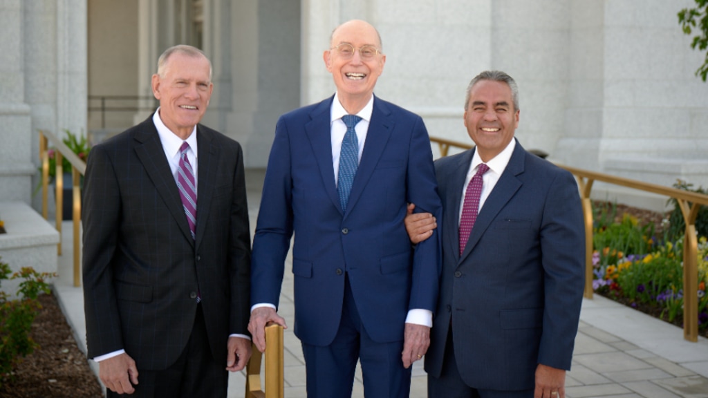 (The Church of Jesus Christ of Latter-day Saints) Henry B. Eyring, first counselor of the faith's First Presidency, poses for a photo with executive director of the Temple Department, Steven R. Bangerter, and Jorge T. Becerra of the Utah Area Presidency at the dedication of the Lindon Temple.