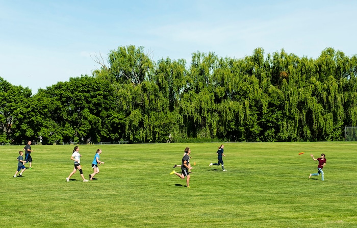 (Rick Egan  |  The Salt Lake Tribune)       A group plays ultimate frisbee at South Davis Jr. High in Bountiful, Saturday, May 16, 2020.
