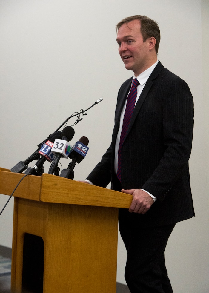 (Rick Egan  |  The Salt Lake Tribune)    Salt Lake County Mayor Ben McAdams, talks about the new Salt Lake County District Attorney building before the ribbon cutting, in Salt Lake City, Friday, March 9, 2018.


