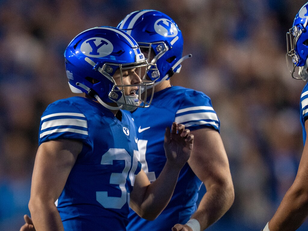 (Rick Egan | The Salt Lake Tribune) Brigham Young Cougars place kicker Jake Oldroyd (39) reacts after his kick went wide of the goalposts, in overtime in football action between the Brigham Young Cougars and the Baylor Bears at LaVell Edwards Stadium in Provo, on Saturday, Sept. 10, 2022.