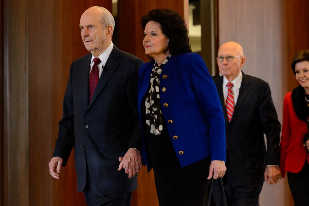 (Trent Nelson | The Salt Lake Tribune)  Russell M. Nelson and his wife, Wendy Watson, followed by Dallin H. Oaks and his wife, Kristen Meredith McMain, at a news conference in the lobby of the Church Office Building in Salt Lake City, Tuesday January 16, 2018. Nelson was named the 17th president of the nearly 16 million-member Church of Jesus Christ of Latter-day Saints.