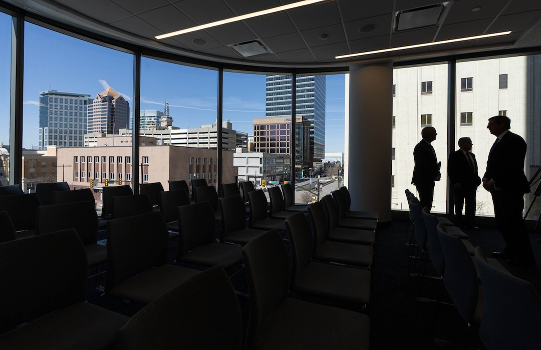 (Francisco Kjolseth | The Salt Lake Tribune) Meeting rooms provide a wide view of downtown Salt Lake City at the new 95 State meetinghouse of The Church of Jesus Christ of Latter-day Saints on Friday, April 8, 2022. 