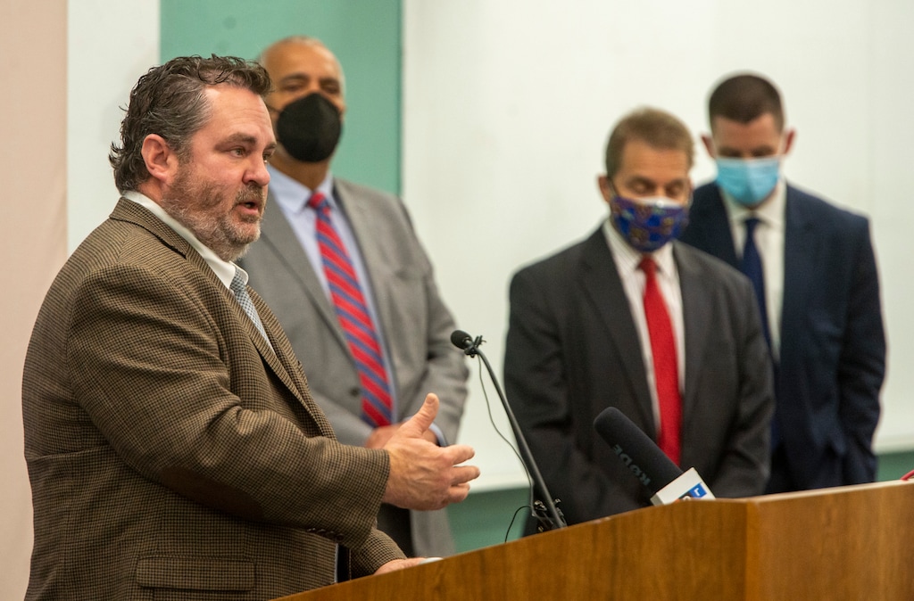 (Rick Egan | The Salt Lake Tribune)  Davis County Attorney Troy Rawlings, speaks out against the proposed repeal of bail reform, along with other top prosecutors and public defenders, during a news conference at Salt Lake County District Attorney's building on Monday, March 1, 2021.