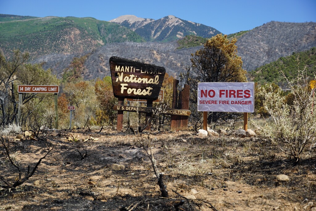 (Zak Podmore | The Salt Lake Tribune) A charred National Forest sign is left in the remnants of the Pack Creek Fire south east of Moab, June 14, 2021.