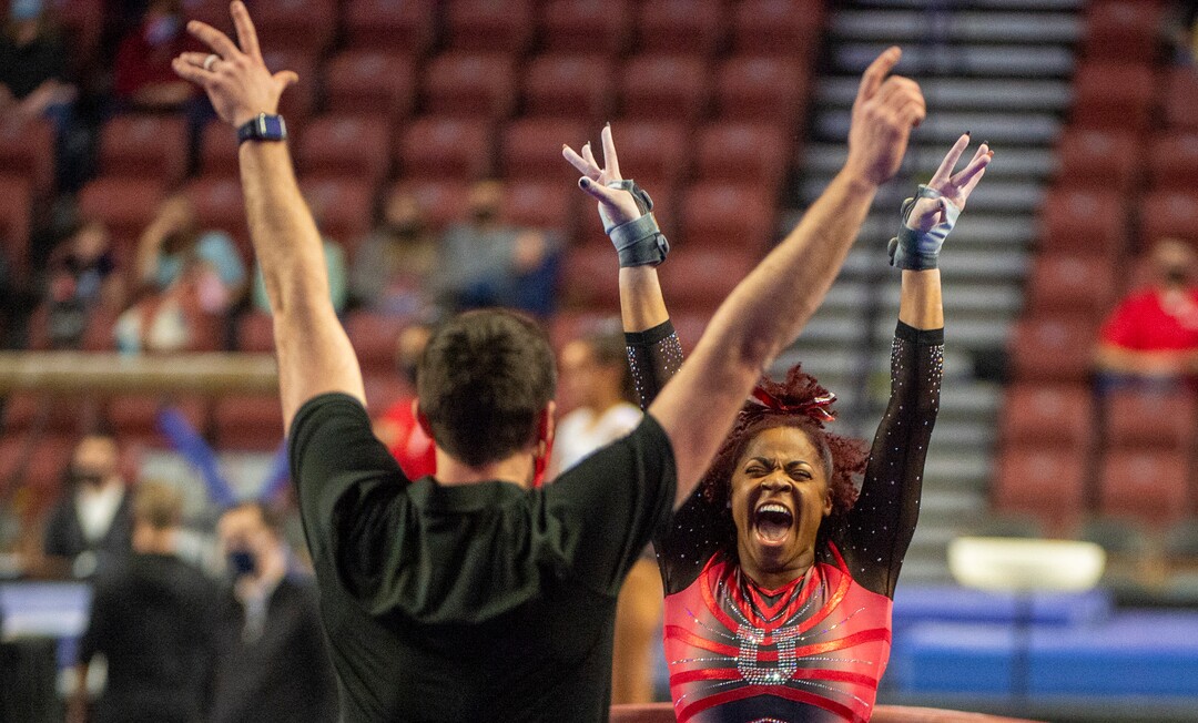 (Rick Egan | The Salt Lake Tribune) Cammy Hall competes on the vault for Utah at the Maverik Center on Saturday, Jan. 9, 2021.