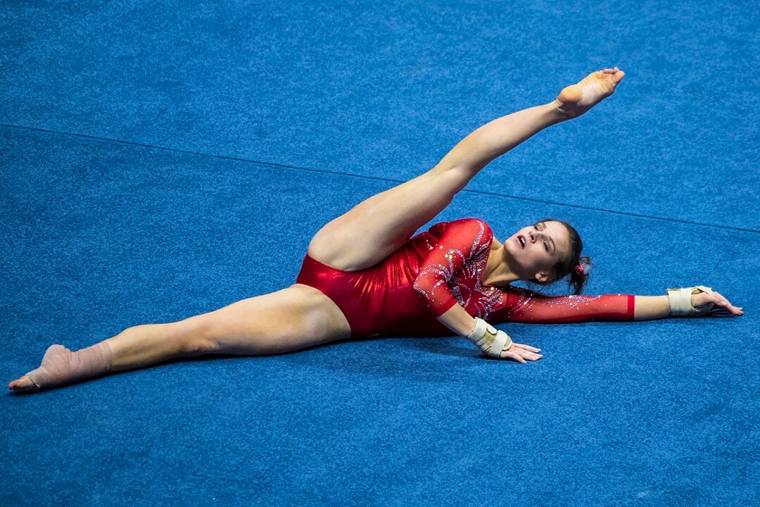 (Chris Detrick  |  The Salt Lake Tribune)  Utah's Missy Reinstadtler competes on the floor during the gymnastics meet against Brigham Young University Friday, January 5, 2018.  