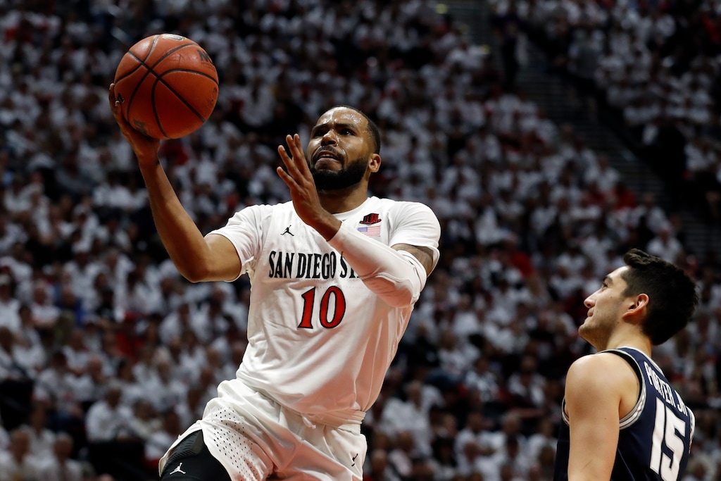 San Diego State guard KJ Feagin (10) shoots as Utah State guard Abel Porter (15) defends during the first half of an NCAA college basketball game Saturday, Feb. 1, 2020, in San Diego. (AP Photo/Gregory Bull)