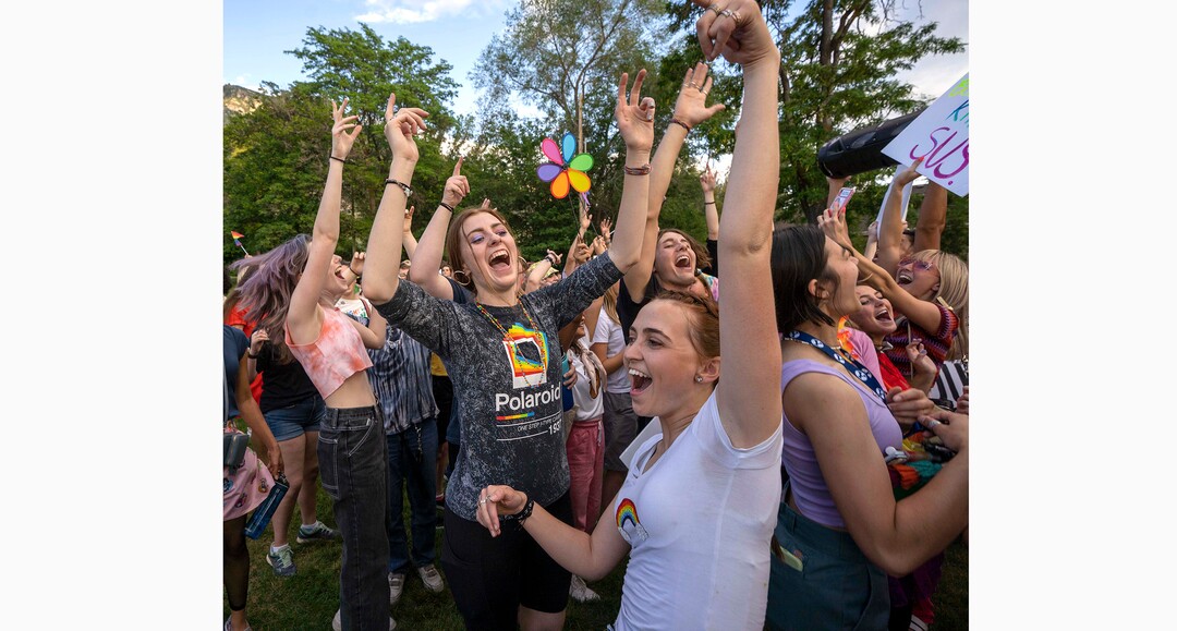 (Rick Egan | The Salt Lake Tribune) More than a thousand BYU students, friends and allies dance to the music of Lady Gaga, Brittney Spears and Taylor Swift, after a Pride March from Joaquin Park to Kiwanis Park,  in Provo, on Monday, June 28, 2021.