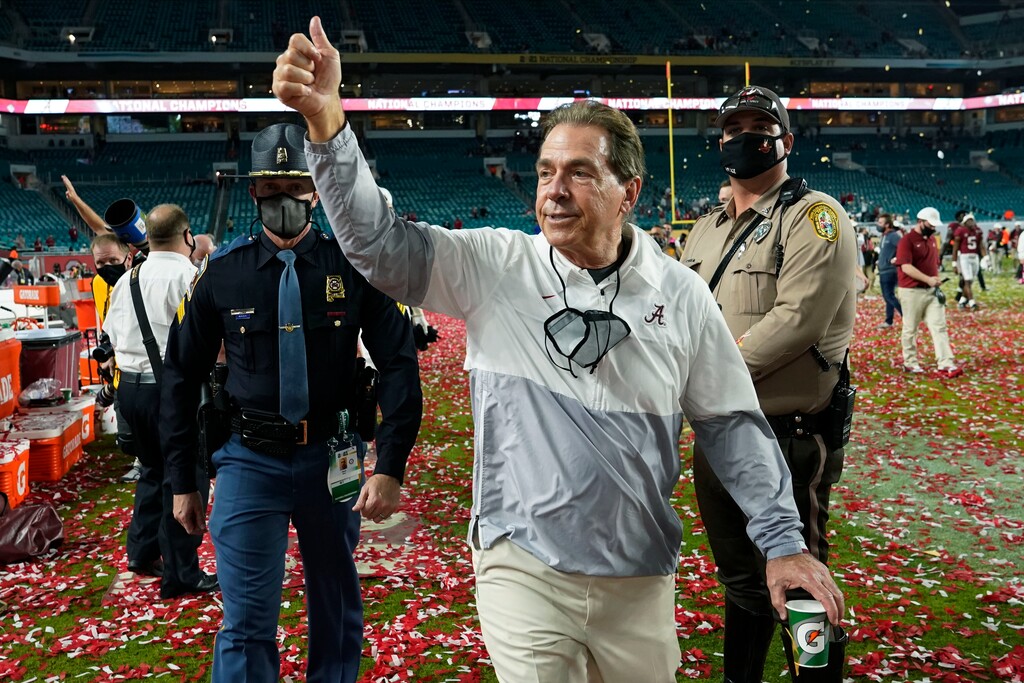 (AP Photo/Lynne Sladky, File) Alabama head coach Nick Saban leaves the field after their win against Ohio State in the NCAA College Football Playoff national championship game in Miami Gardens, Fla., in this Tuesday, Jan. 12, 2021, file photo. The National signing day period begins Wednesday, Feb. 3, 2021.