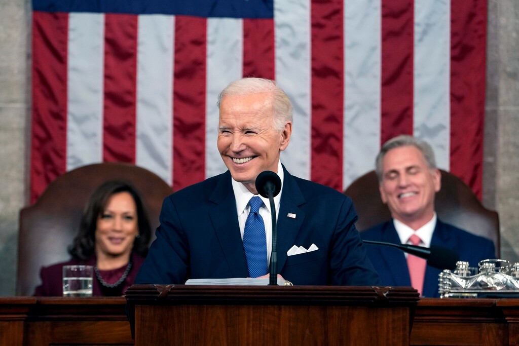 (Jacquelyn Martin | AP) President Joe Biden delivers the State of the Union address to a joint session of Congress at the U.S. Capitol, Tuesday, Feb. 7, 2023, in Washington, as Vice President Kamala Harris and House Speaker Kevin McCarthy of Calif., watch.