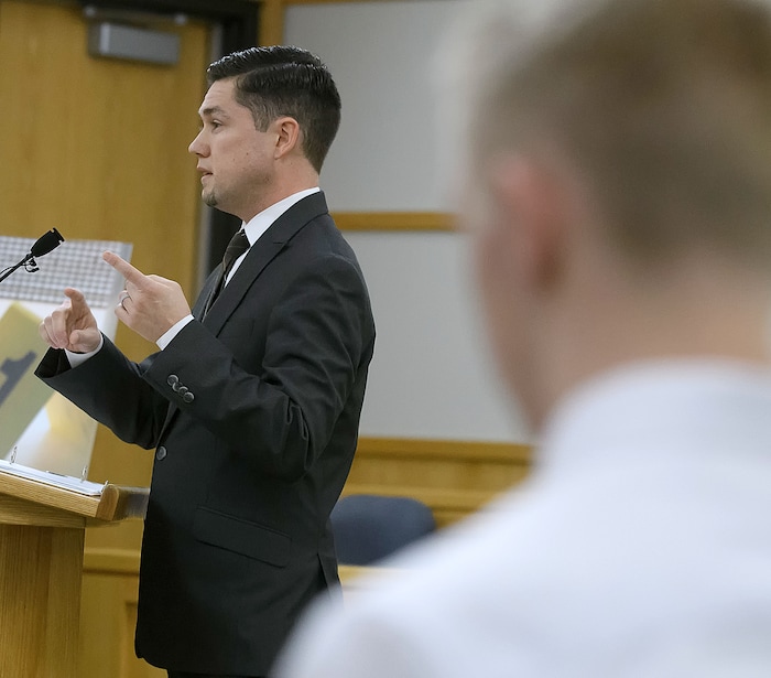 (Eli Lucero  |  Pool Photo)  Prosecuting attorney Spencer Walsh speaks during Jayzon Decker's sentencing hearing for attempted aggravated murder and obstructing justice, Wednesday, Feb. 7, 2018, in Logan, Utah. Decker received a sentence of 15 years to life for planning and being present at the shooting of Deserae Turner in February 2017, and leaving her for dead in a dry irrigation canal in Smithfield, Utah.