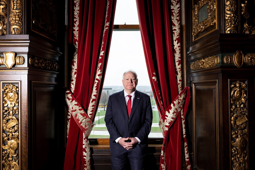 (Jenn Ackerman | The New York Times) Minnesota Gov. Tim Walz at the State Capitol in St. Paul on April 28, 2023. Vice President Kamala Harris, the Democratic nominee for president, has chosen Walz as her running mate, the New York Times reported on Aug. 6, 2024.