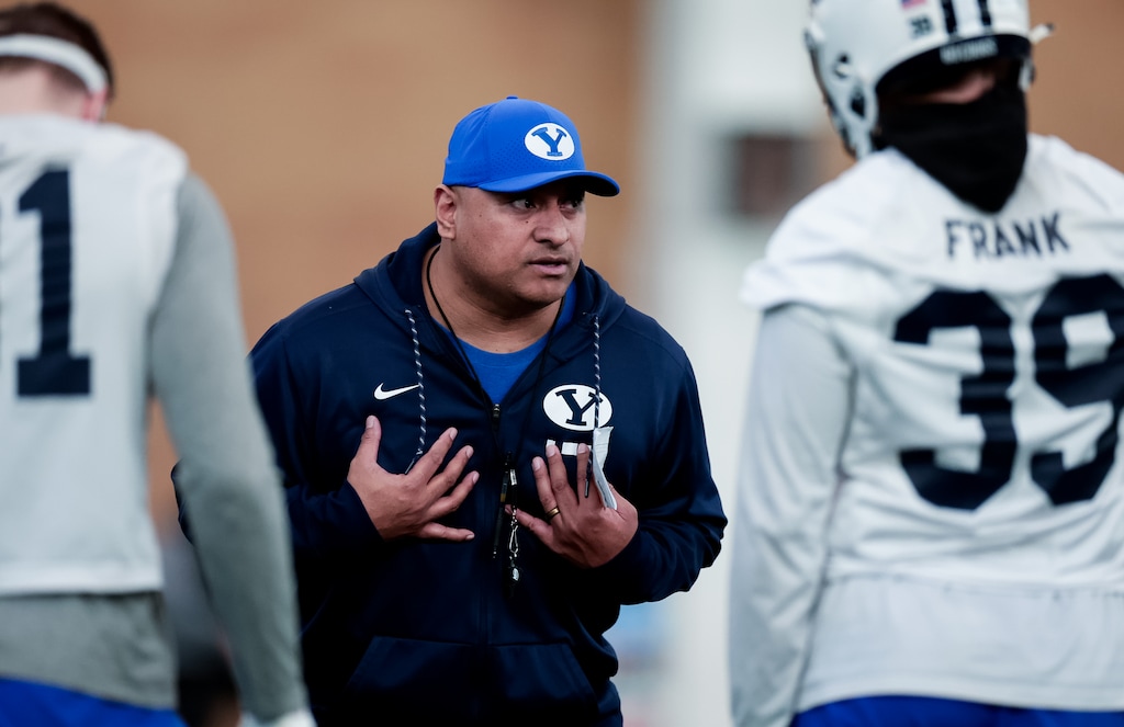 (Jaren Wilkey | BYU) Head football coach Kalani Sitake leads the first day of spring practice in Provo, Monday, Feb. 28, 2022.