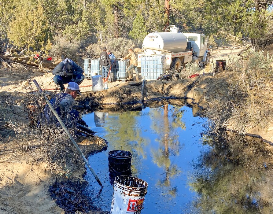 (Utah Division of Oil, Gas and Mining) A cleanup crew mops up some of the 400 barrels of crude oil that leaked from an oil field outside Escalante in Utah's Dixie National Forest last fall. Discovered Oct. 29, 2021, the leak from a corroded pipeline operated by Citation Oil and Gas Corp. left a 1.37-mile stream of crude into Pet Hollow in the headwaters of the Escalante River.