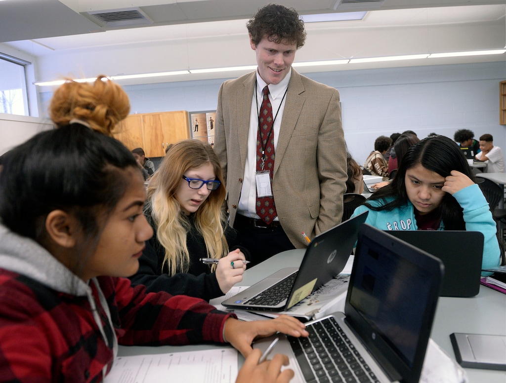 Al Hartmann  |  The Salt Lake TribunePrincipal Tyler Howe visits an 8th grade Americn History class at West Lake Junior High School in West Valley City Wednesday Jan. 25. 