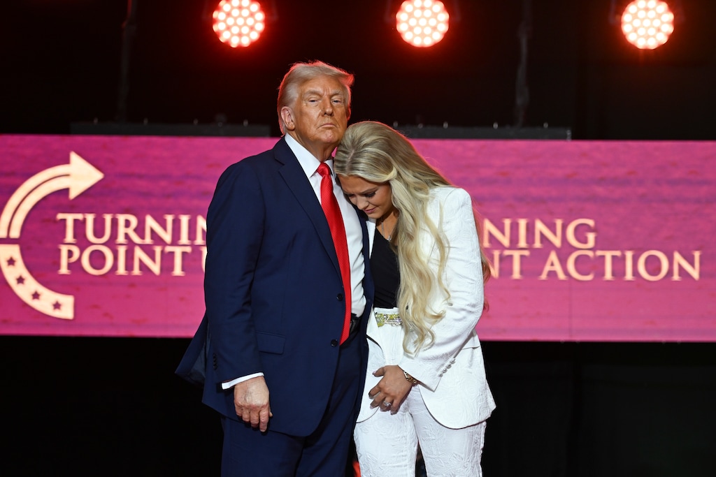 (Kenny Holston | The New York Times) President Donald Trump with Erika Kirk, widow of Charlie Kirk and the new CEO of Turning Point USA, onstage during the memorial for her late husband at State Farm Stadium in Glendale, Arizona, on Sunday, Sept. 21, 2025.